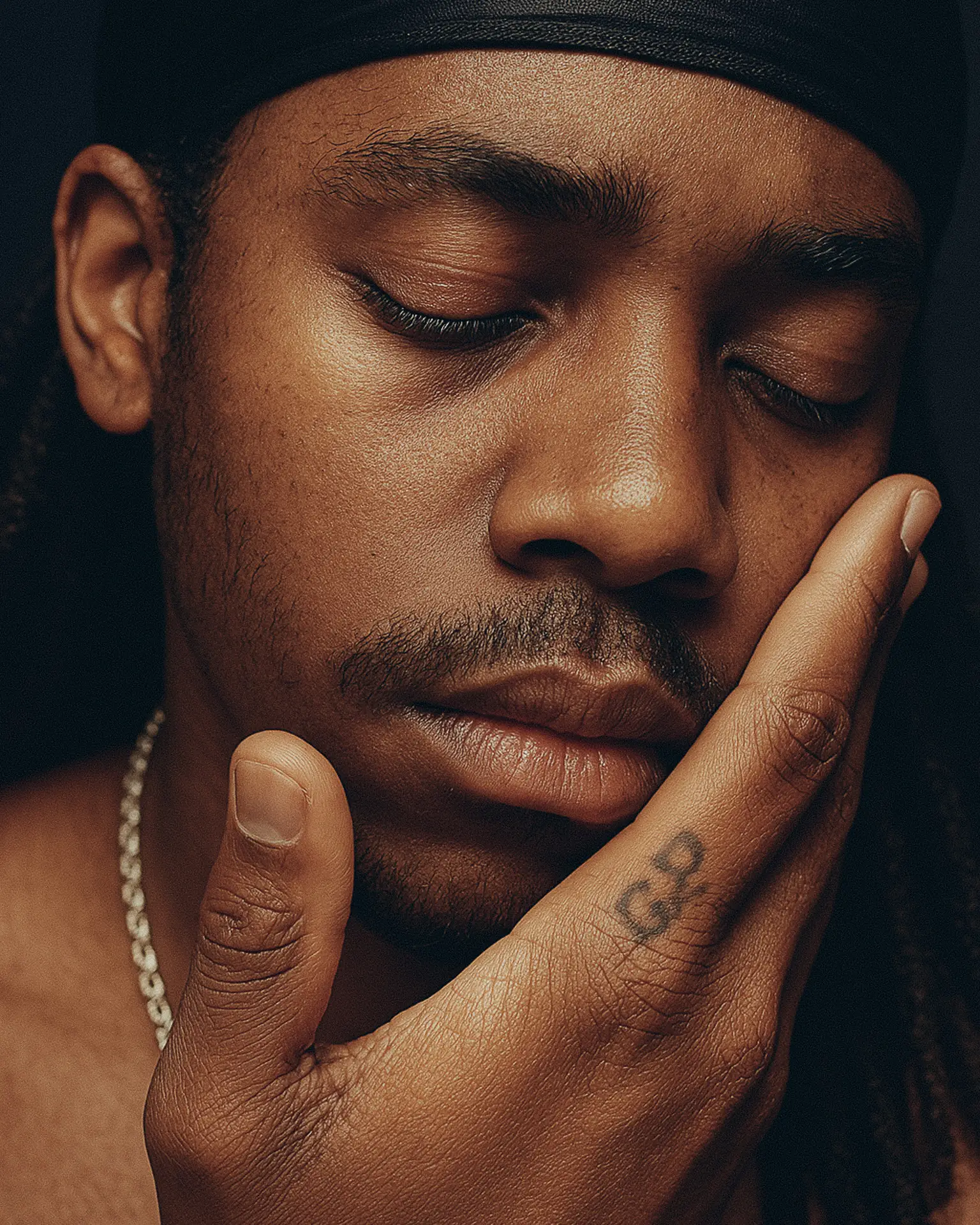 close-up of model touching face to highlight natural skincare routine